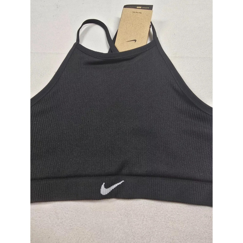 Nike Black Ribbed High-Neck Sports Bra with White Swoosh